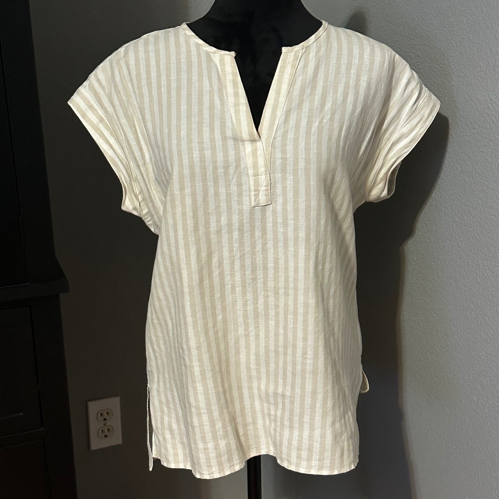 Ellen‎ Tracy Tunic Small Linen Striped Blouse Neutral Coastal Top Coastal